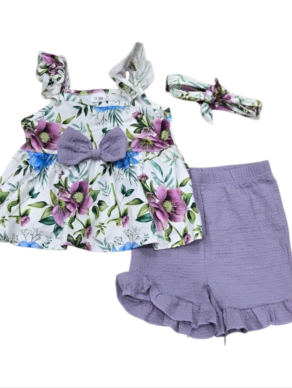 Floral Lavender Floral Bow Baby Girls 3-Piece Tank And Shorts Set 12-18 Months